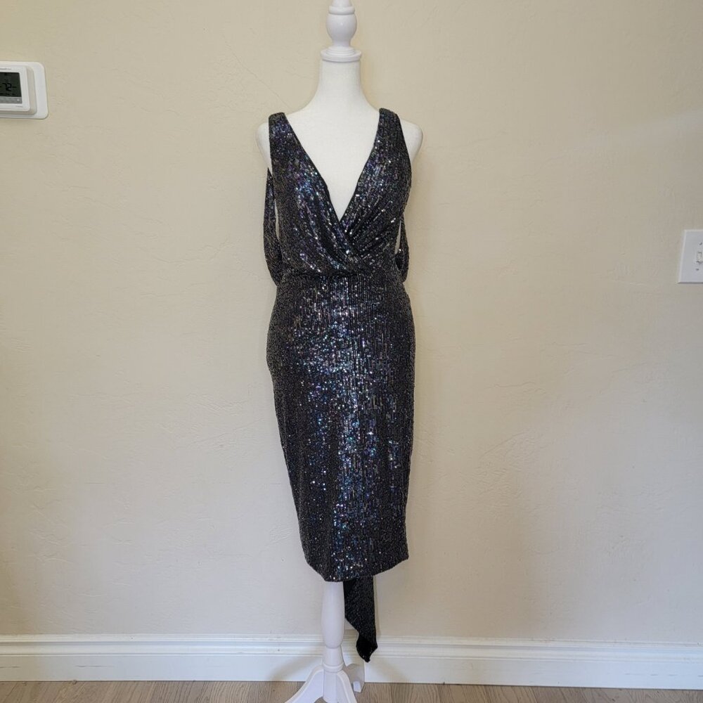 Jovani Cocktail Dress Plunging V-Neck with Open back Sequins Knee-length NWT